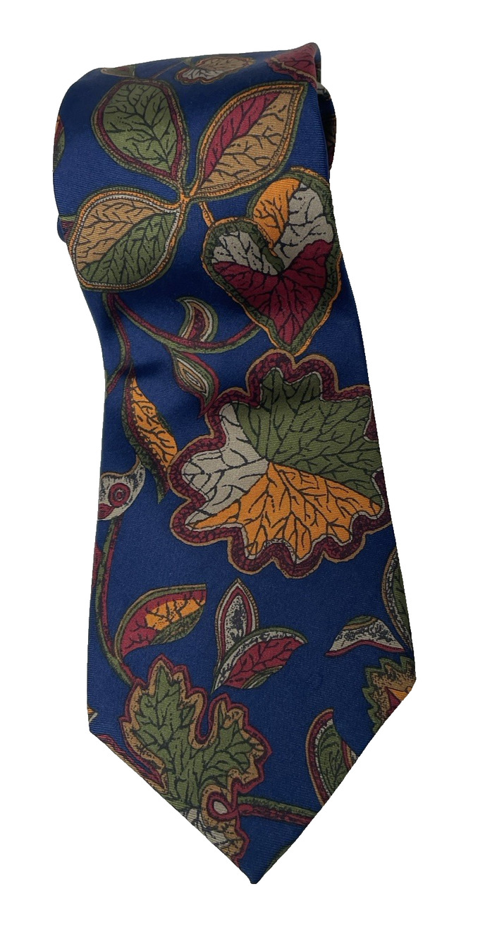 Brunos Mens Silk Tie Blue Autumn Fall Leaves Floral Handmade USA 57”